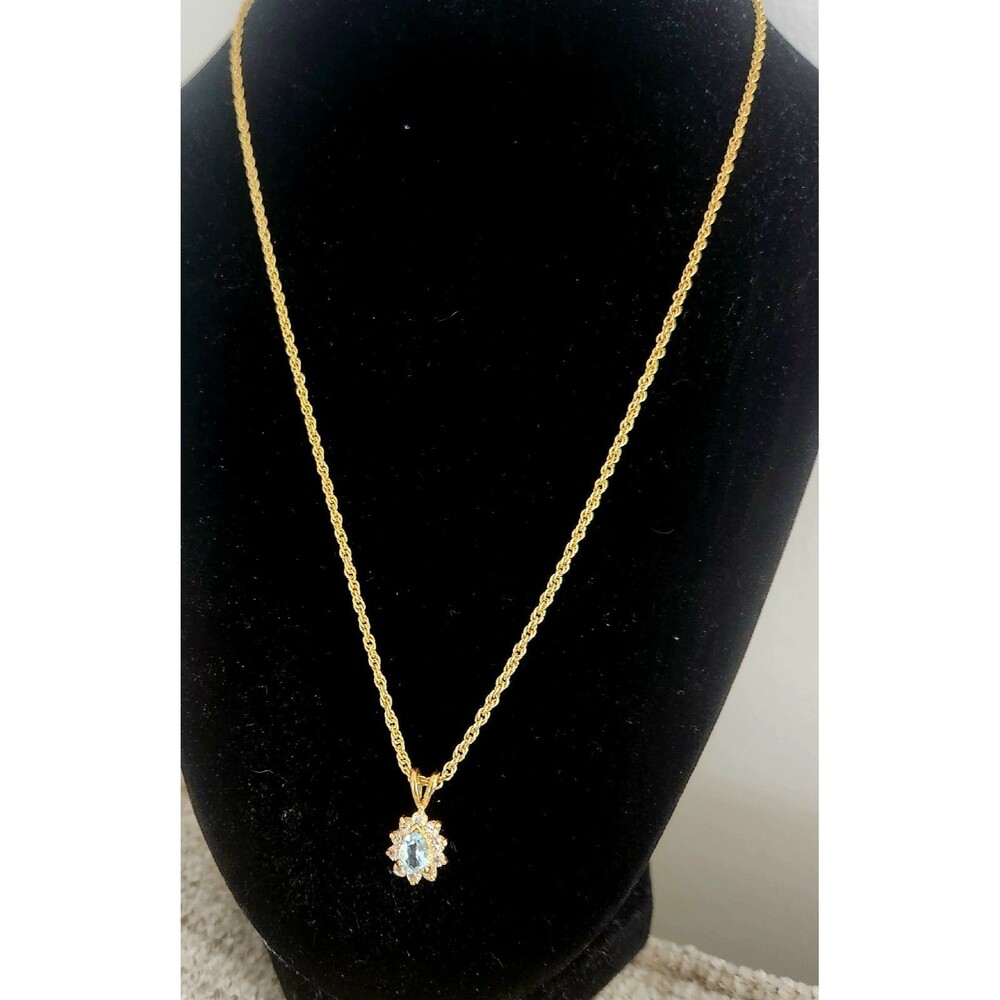 Vintage 14k Gold Plated Genuine Blue Topaz Crystal Halo Pendant Necklace 20 Inch